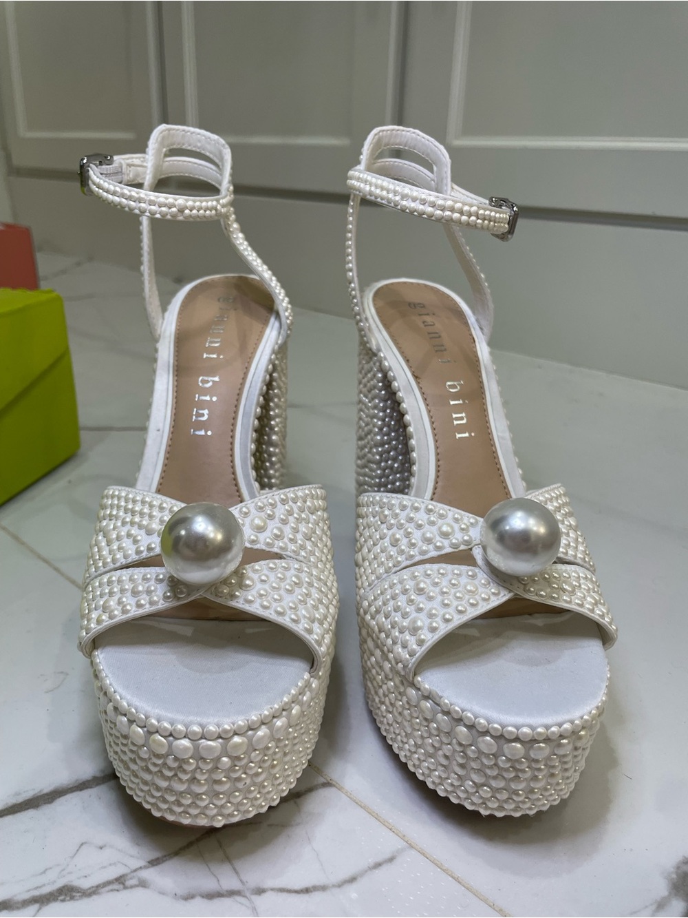 Gianni Bini White Pearl-Studded Platform Sandals - Picture 4 of 5